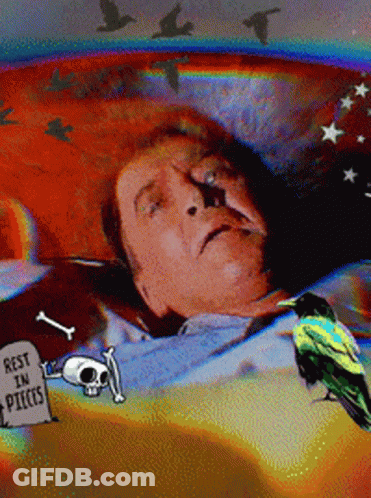 A Cartoon Drawing Of A Man Laying In A Bed With A Gravestone That Says Rest In Peace GIF