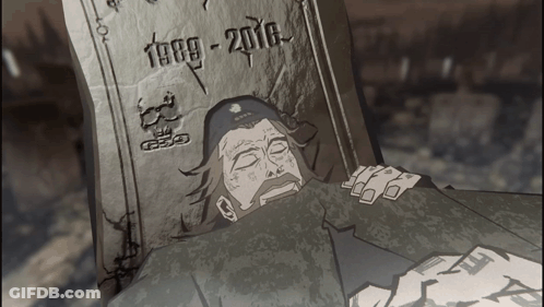 A Cartoon Drawing Of A Man Laying In A Grave With The Year 1989-2010 On It GIF