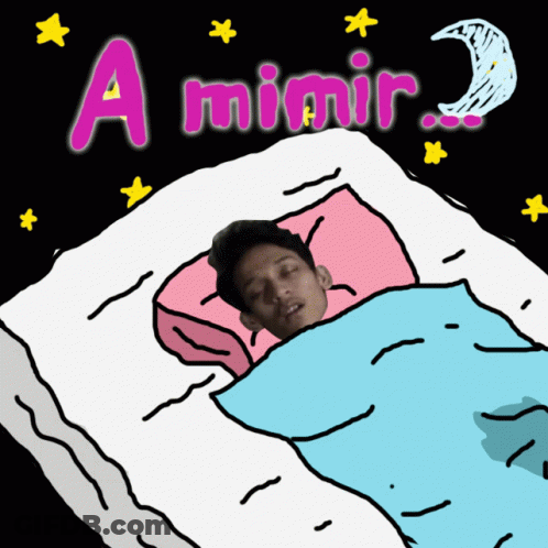 A Cartoon Drawing Of A Man Laying In Bed With The Words A Mimir Above Him GIF