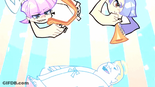 A Cartoon Drawing Of A Man Playing A Trumpet And A Woman Playing A Horseshoe GIF