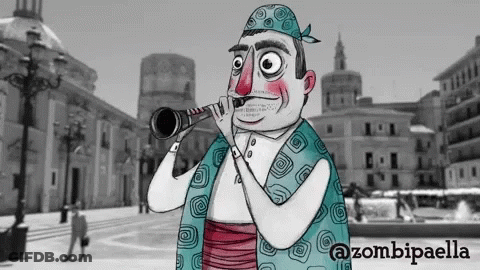 A Cartoon Drawing Of A Man Playing A Trumpet With The Hashtag @Zombiepaella On The Bottom GIF