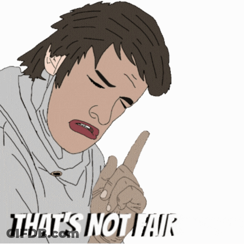 A Cartoon Drawing Of A Man Pointing With The Words That 'S Not Fair Below Him GIF