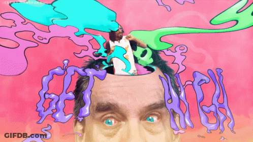 A Cartoon Drawing Of A Man 'S Head With The Words Get High Coming Out Of His Head GIF