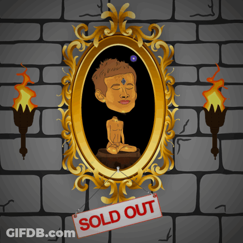 A Cartoon Drawing Of A Man Sitting In Front Of A Mirror With A Sold Out Sign Attached To It GIF