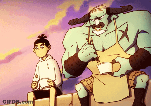 A Cartoon Drawing Of A Man Sitting Next To A Monster Eating Noodles GIF