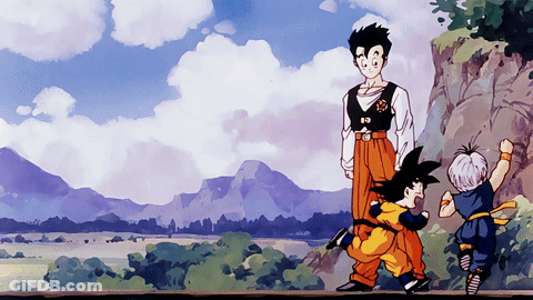 A Cartoon Drawing Of A Man Standing Next To Two Children With Mountains In The Background GIF