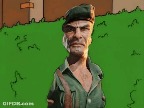 A Cartoon Drawing Of A Man Wearing A Green Beret With The Letter E On It GIF
