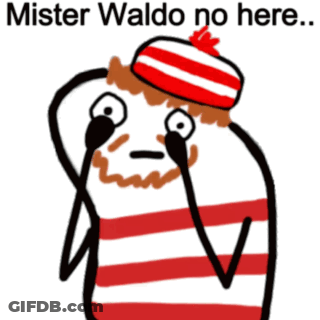 A Cartoon Drawing Of A Man Wearing A Red And White Striped Shirt And Hat With The Caption Mister Waldo No Here .. GIF