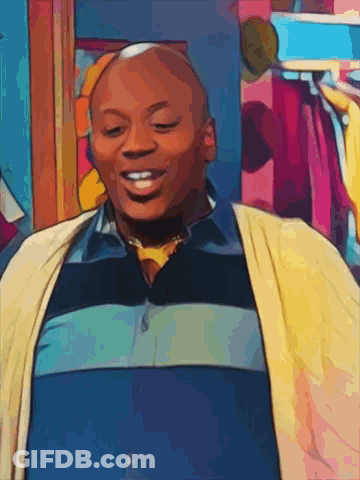 A Cartoon Drawing Of A Man Wearing A Striped Shirt And A Yellow Sweater GIF
