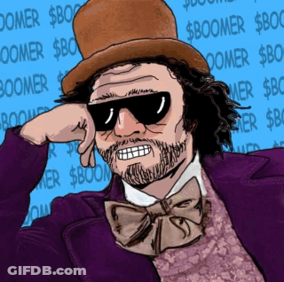 A Cartoon Drawing Of A Man Wearing A Top Hat And Sunglasses With The Word Boomer Behind Him GIF
