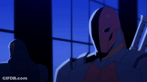 A Cartoon Drawing Of A Man With A Red Mask And A Sword GIF