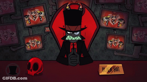 A Cartoon Drawing Of A Man With A Top Hat And A Sign That Says Black Hat GIF
