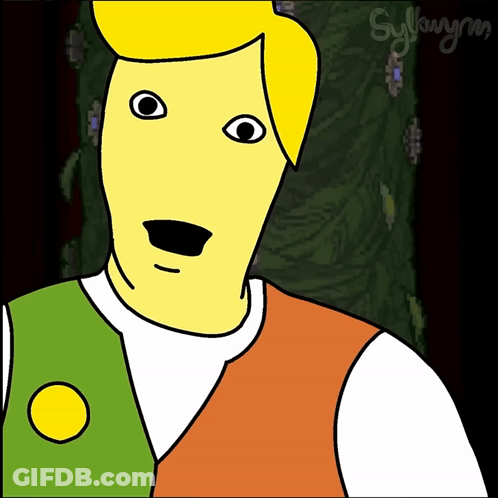 A Cartoon Drawing Of A Man With A Yellow Face And A Green And Orange Vest By Sylvanymm GIF