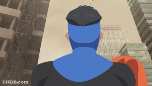 A Cartoon Drawing Of A Man With Blue Hair Standing In Front Of A Building GIF