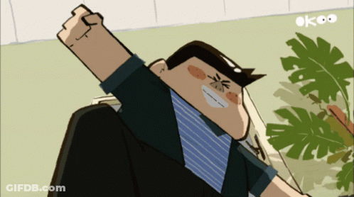 A Cartoon Drawing Of A Man With His Fist In The Air And The Word Okoo On The Bottom GIF