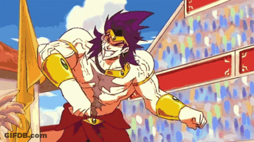 A Cartoon Drawing Of A Man With Purple Hair And Gold Armor GIF