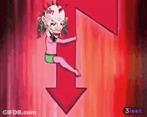 A Cartoon Drawing Of A Man With Spikes On His Head Holding An Arrow Pointing Down GIF