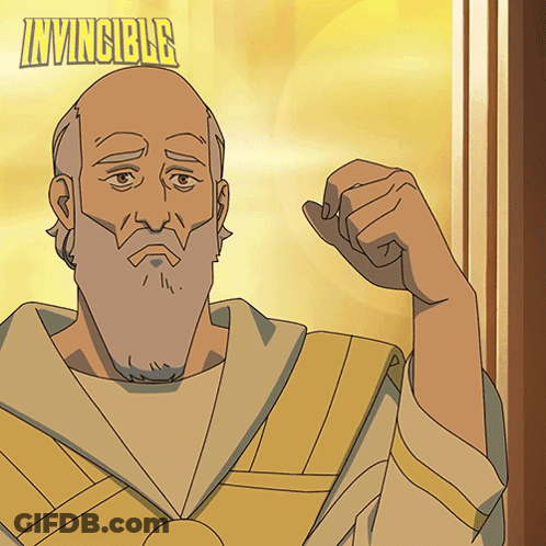 A Cartoon Drawing Of A Man With The Word Invincible On The Bottom GIF