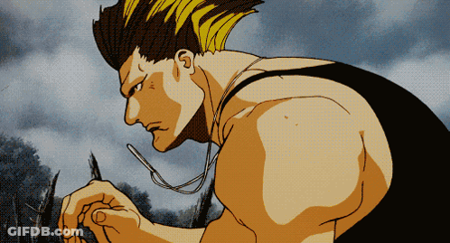 A Cartoon Drawing Of A Man With Yellow Hair And A Black Tank Top GIF