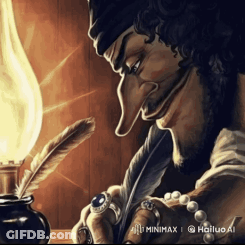A Cartoon Drawing Of A Man Writing With A Feather In Front Of A Lamp GIF