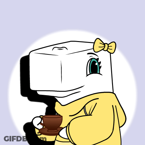 A Cartoon Drawing Of A Marshmallow Holding A Cup Of Coffee With The Words Sip Written Above Her GIF