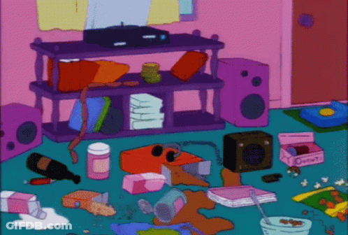 A Cartoon Drawing Of A Messy Room With A Box That Says Donut On It GIF