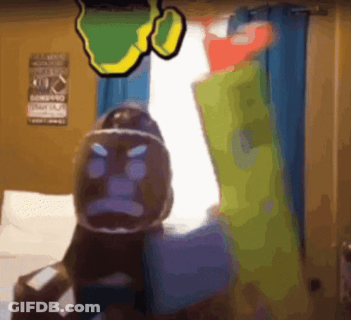 A Cartoon Drawing Of A Monkey Standing In A Bedroom GIF