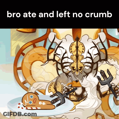 A Cartoon Drawing Of A Monster Eating A Gingerbread Man With The Words Bro Ate And Left No Crumb Below It GIF