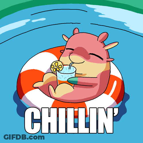 A Cartoon Drawing Of A Monster Floating On A Life Preserver Drinking A Drink With The Words Chillin Written Below It GIF