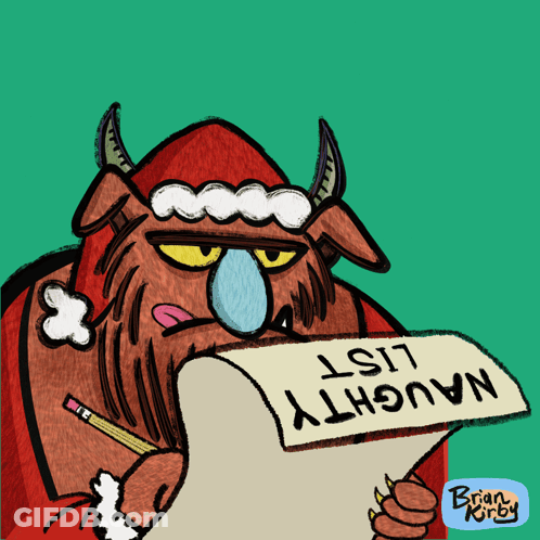 A Cartoon Drawing Of A Monster Holding A Naughty List GIF
