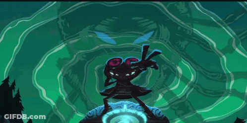 A Cartoon Drawing Of A Monster Standing On A Rock With A Green Background GIF