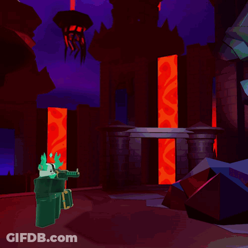 A Cartoon Drawing Of A Monster With Horns And A Sword GIF