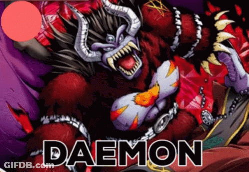 A Cartoon Drawing Of A Monster With Horns And The Word Daemon Below It GIF