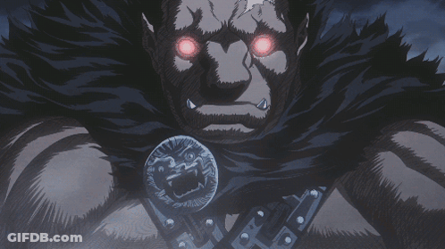 A Cartoon Drawing Of A Monster With Red Eyes And A Coin Around His Neck GIF