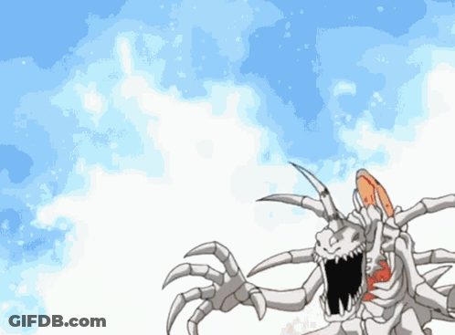 A Cartoon Drawing Of A Monster With Sharp Claws And A Blue Sky In The Background GIF