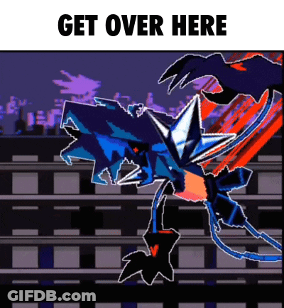 A Cartoon Drawing Of A Monster With The Words Get Over Here On The Bottom GIF