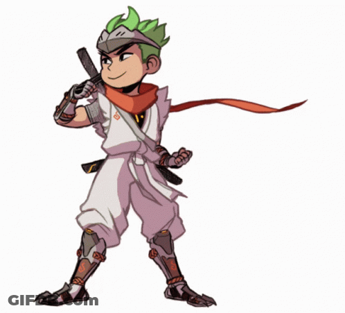 A Cartoon Drawing Of A Ninja With Green Hair And A Red Scarf Around His Neck GIF