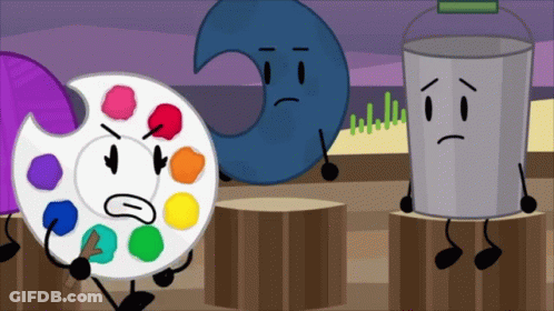 A Cartoon Drawing Of A Palette A Bucket And A Blue Object GIF