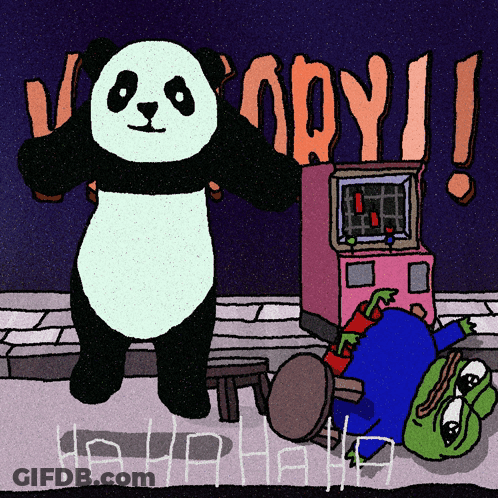 A Cartoon Drawing Of A Panda Bear Standing Next To A Pink Machine That Says " Nodyi " GIF