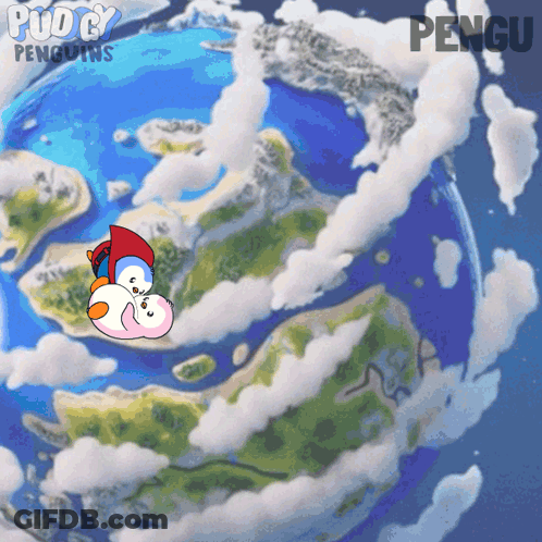 A Cartoon Drawing Of A Penguin Flying Over A Globe With The Words Puddy Penguins On The Bottom GIF