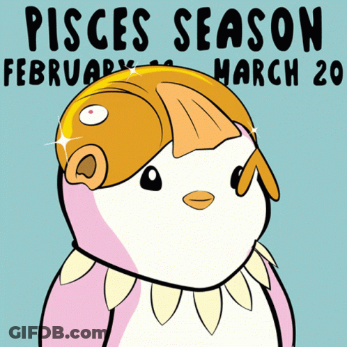 A Cartoon Drawing Of A Penguin With A Fish On Its Head And The Words Pisces Season February March 20 GIF