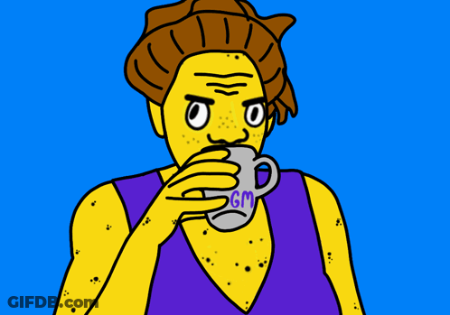 A Cartoon Drawing Of A Person Drinking From A Mug With Gm Written On It GIF