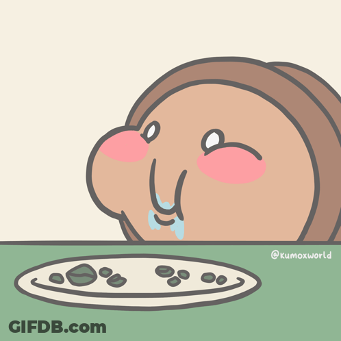 A Cartoon Drawing Of A Person Eating A Plate Of Food With The Username @Kumoxworld At The Bottom GIF