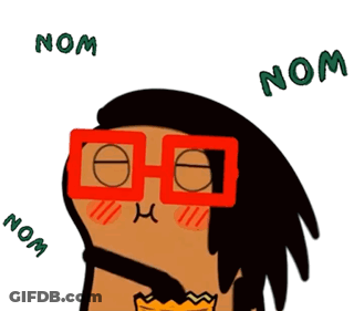 A Cartoon Drawing Of A Person Eating A Slice Of Pizza With Nom Written Around Them GIF
