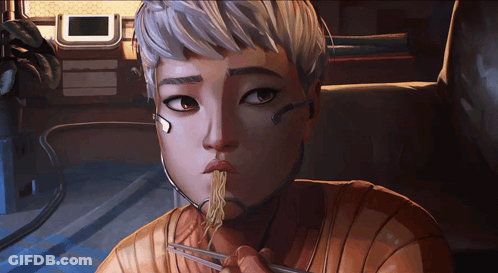 A Cartoon Drawing Of A Person Eating Noodles With Chopsticks GIF