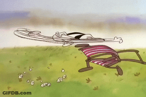 A Cartoon Drawing Of A Person Flying Through The Air On A Chair GIF