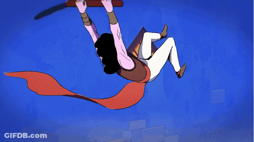 A Cartoon Drawing Of A Person Flying Through The Air With A Blue Background GIF