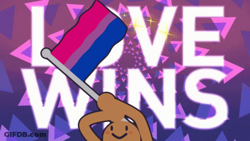 A Cartoon Drawing Of A Person Holding A Bisexual Flag With The Words Love Wins In The Background GIF