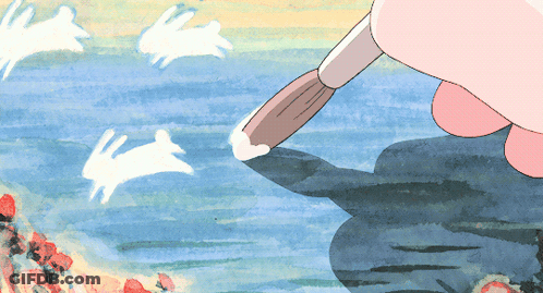 A Cartoon Drawing Of A Person Holding A Brush Over A Body Of Water GIF