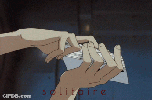 A Cartoon Drawing Of A Person Holding A Card With The Word Solitaire Below It GIF